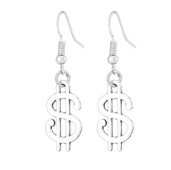 Y2K Dollar Sign Money Sign $ Dangle Earrings Silver Colored - Picture 1 of 3